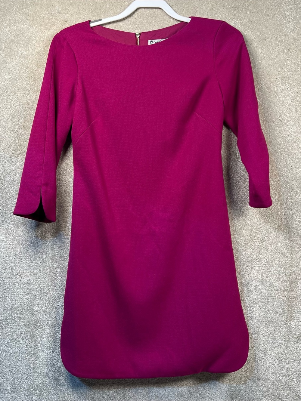 Eliza J  Dress Fuchsia Solid Zip Back 3 Quarter Sleeve Office Split Sides 2P